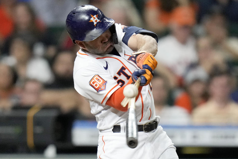 Houston Astros' Jose Altuve fouls out to end the fourth inning of the team's baseball game against the Texas Rangers, Tuesday, Sept. 6, 2022, in Houston. (AP Photo/Eric Christian Smith)