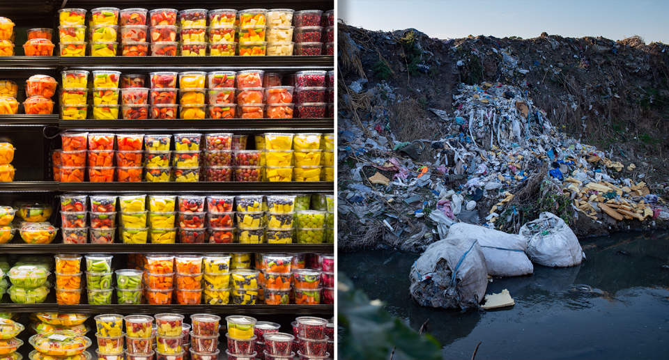 Left - food for sale in plastic in a supermarket. Right - dumped plastic in a river.