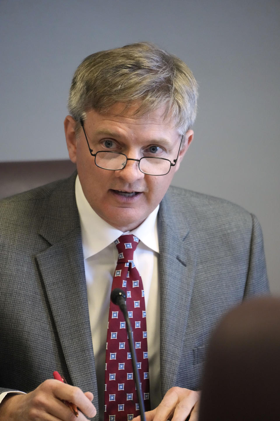 Mississippi State Senate Judiciary B Committee Chairman Sen. Joey Fillingane, R-Sumrall, oversees a vote by the committee members on whether some former felons should regain their voting rights, Monday, April 22, 2024, at the state Capitol in Jackson, Miss. The bills that were approved by the committee will be presented before the Senate for its approval. (AP Photo/Rogelio V. Solis)