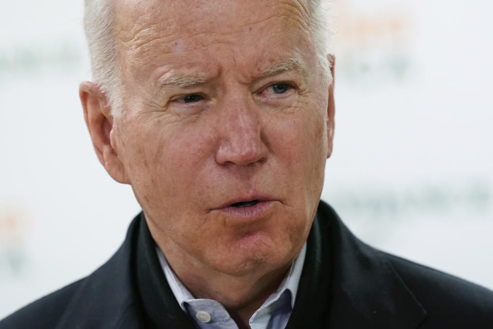 President Joe Biden speaks with members of the press about the Texas synagogue hostage incident before volunteering with first lady Jill Biden at hunger relief organization Philabundance, Sunday, Jan. 16, 2022, in Philadelphia. (AP Photo/Patrick Semansky)