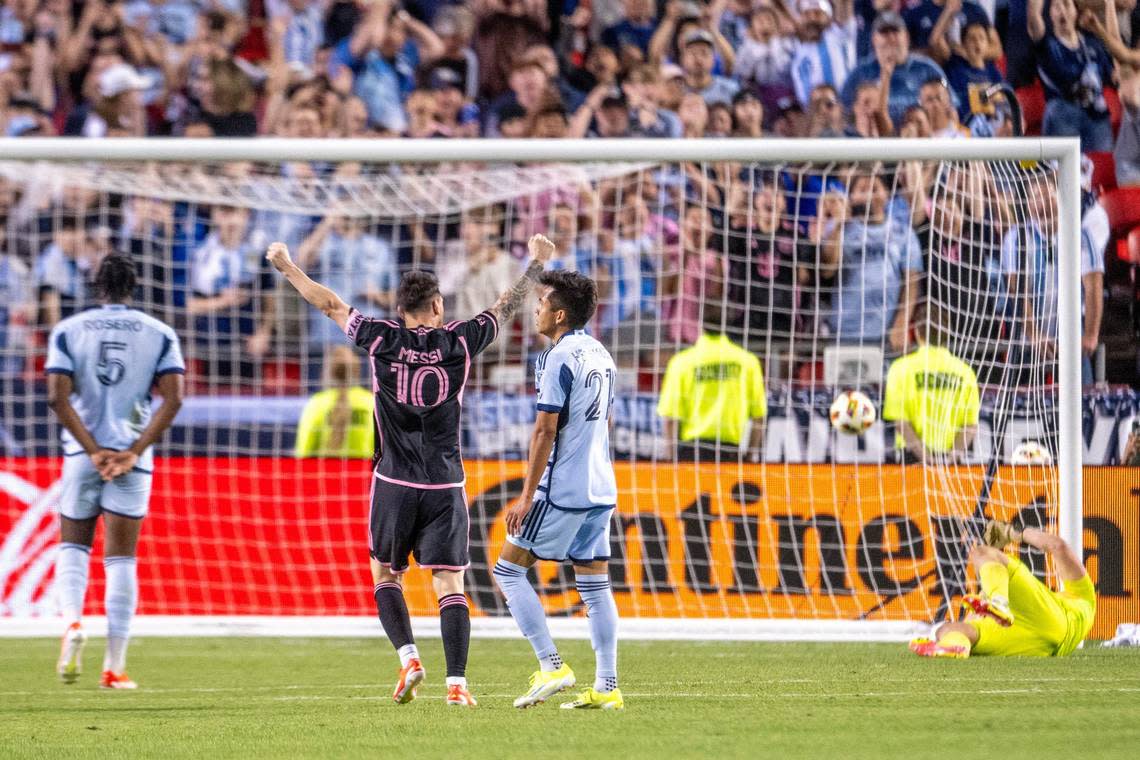 Inter Miami forward Lionel Messi (10) raises his arms after making a goal in the second half during an MLS game against Sporting Kansas City at GEHA Field at Arrowhead Stadium on Saturday, April 13, 2024, in Kansas City. Emily Curiel/ecuriel@kcstar.com