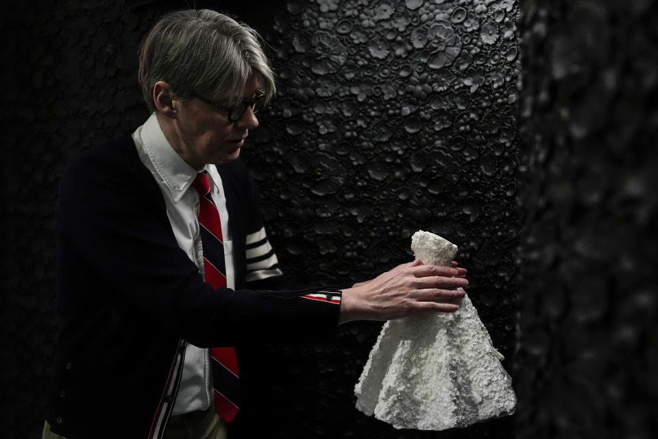 Curator Andrew Bolton displays The Metropolitan Museum of Art's Costume Institute gala exhibit, "Sleeping Beauties: Reawakening Fashion," Saturday, May 4, 2024, in New York. (AP Photo/Julia Nikhinson)