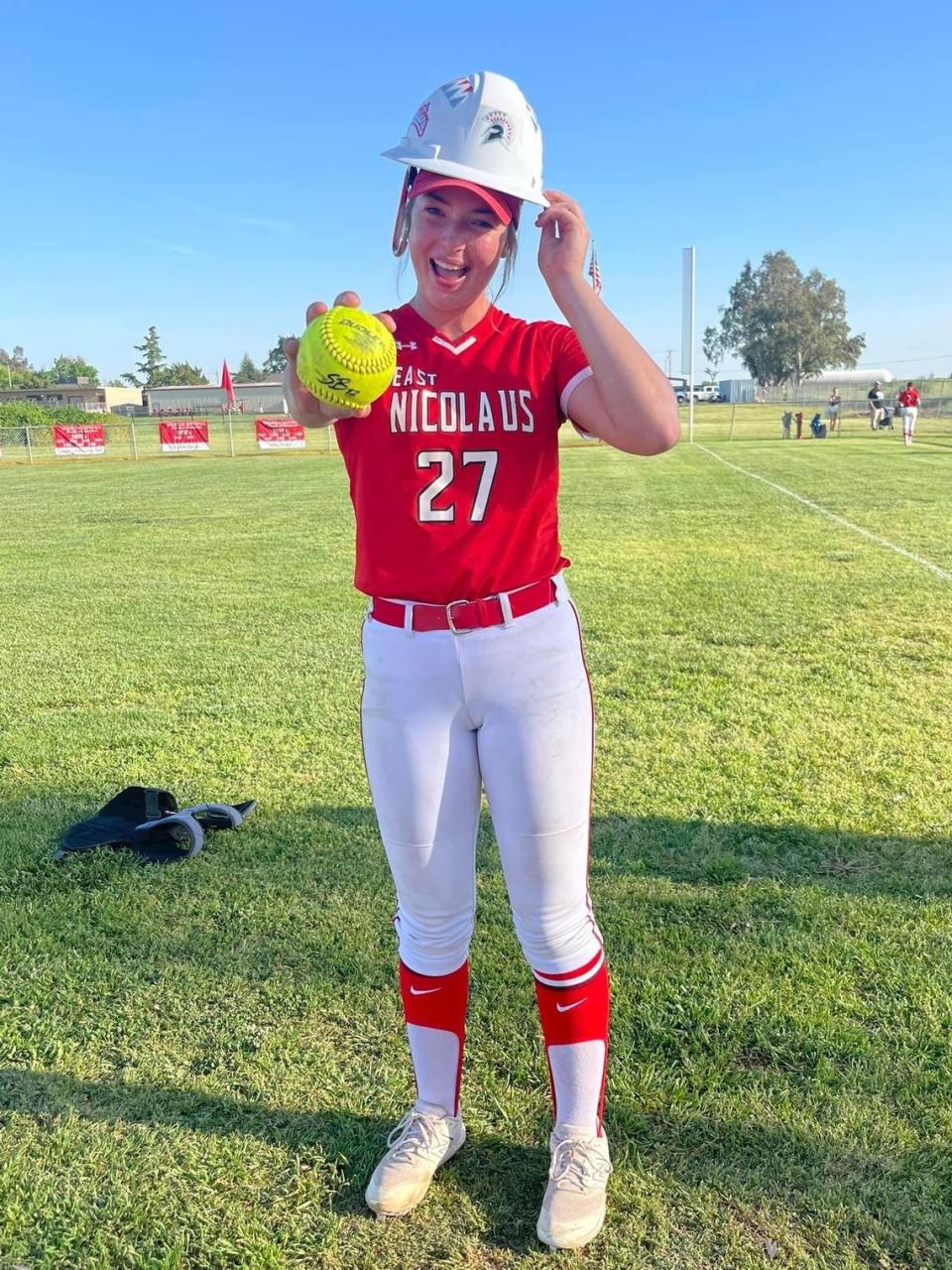 East Nicolaus star Meika Lauppe earned her team’s “Hard Hat Award” after beating Inderkum. She is 16-0 for The Bee’s top-ranked softball team.