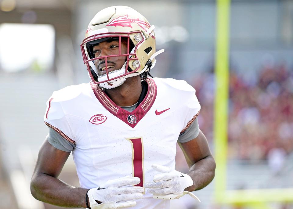 Apr 20, 2024; Tallahassee, Florida, USA; Florida State Seminoles wide receiver Kentron Poitier (1) during the Spring Showcase at Doak S. Campbell Stadium.