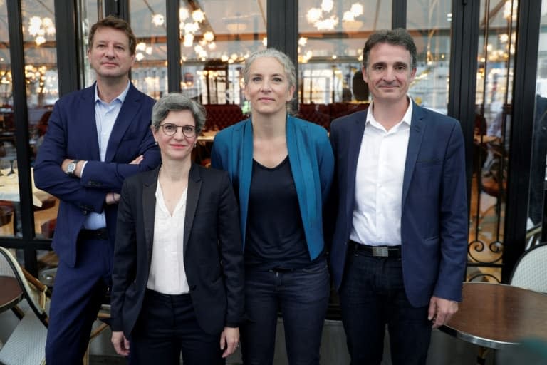 Quatre candidats aux primaires du partie écologique EELV: Yannick Jadot, Sandrine Rousseau, Delphine Batho et Eric Piolle, le 12 juillet 2021 à Paris - GEOFFROY VAN DER HASSELT © 2019 AFP