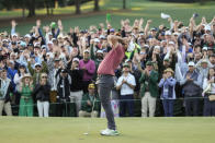 Jon Rahm, of Spain, celebrates on the 18th green after winning the Masters golf tournament at Augusta National Golf Club on Sunday, April 9, 2023, in Augusta, Ga. (AP Photo/Jae C. Hong)