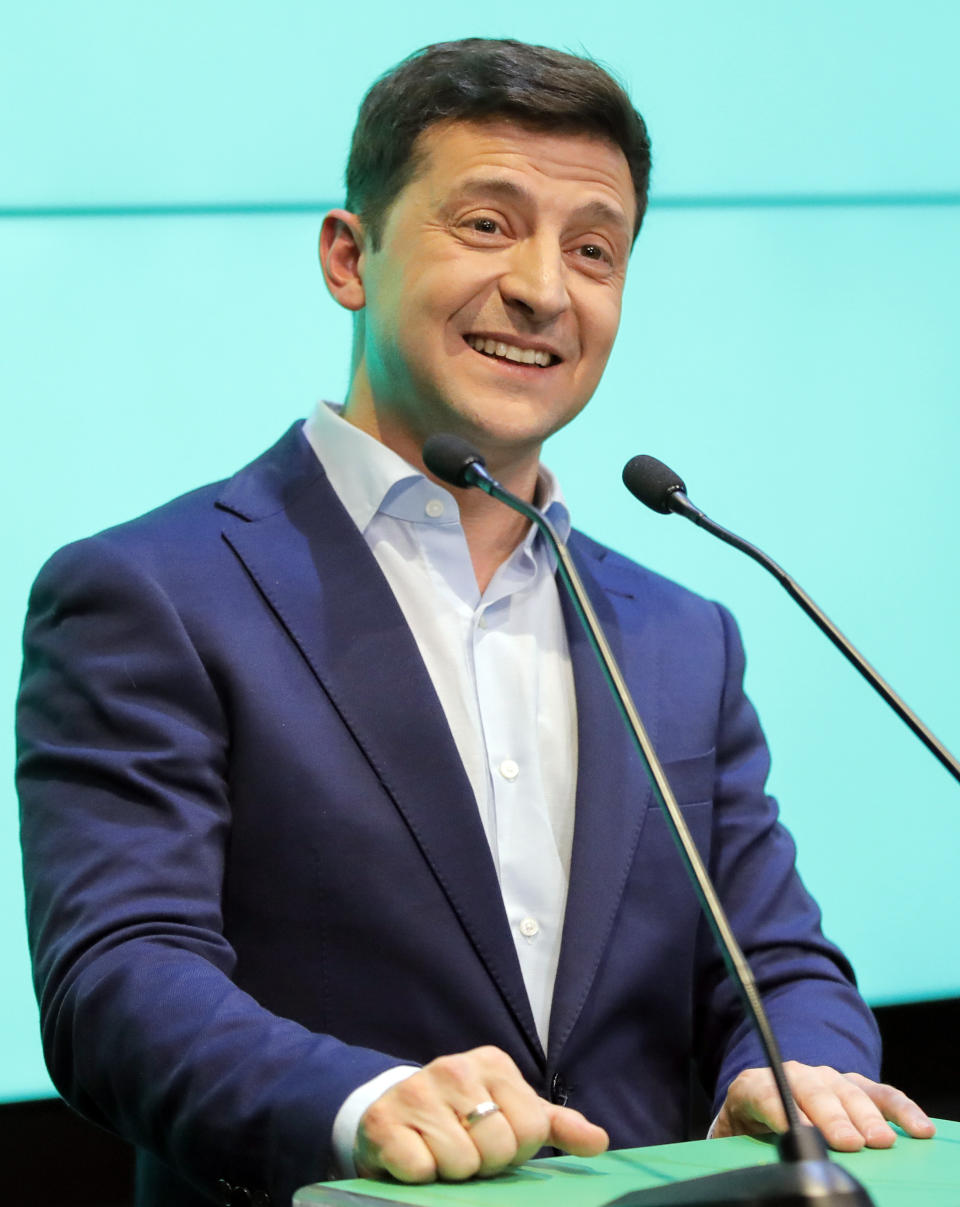 Ukrainian comedian and presidential candidate Volodymyr Zelenski speaks to his supporters at his headquarters after the second round of presidential elections in Kiev, Ukraine, Sunday, April 21, 2019. Ukrainians voted on Sunday in a presidential runoff as the nation's incumbent leader struggles to fend off a strong challenge by a comedian who denounces corruption and plays the role of president in a TV sitcom. (AP Photo/Vadim Ghirda)