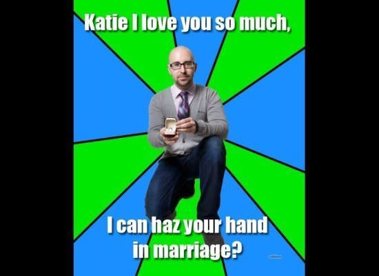 Len Kendall has the entire internet to thank for helping him pop the question to his girlfriend, Katie, in 2012. Kendall posted a meme-like photo of himself (look left) proposing to Katie on <a href="http://www.buzzfeed.com/lenkendall/help-me-convince-katie-to-say-yes" target="_blank">Buzzfeed</a>, and started a Facebook group, Pinterest page and Twitter hashtag #SayYesKatie to urge others to create their own memes asking Katie to marry him. Click <a href="http://www.huffingtonpost.com/2012/02/29/say-yes-katie_n_1310729.html#s740651&title=Len_Kendalls_Proposal" target="_blank">here</a> to see some of the best memes created for Len and Katie.