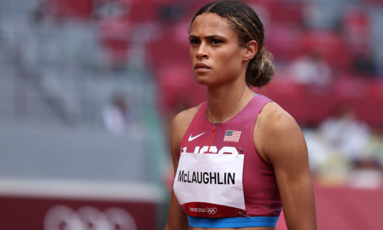 Sydney McLaughlin on the track at the Summer Olympics.