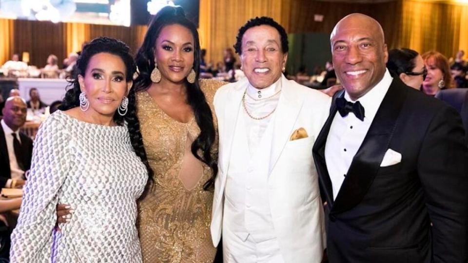 From left, Frances Glandney, Vivica A. Fox, Smokey Robinson and Byron Allen at Allen’s 2023 Oscar Gala at the Beverly Wilshire Hotel in Beverly Hills. (Greg Doherty/Getty Images for Allen Media Group/Byron Allen)