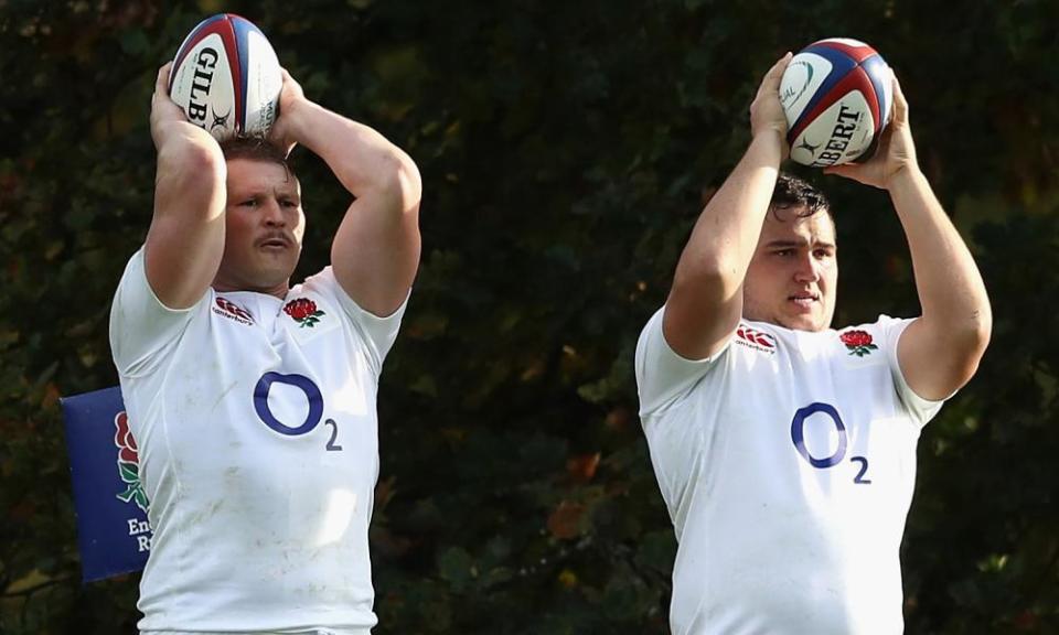 England's Jamie George, right, and Dylan Hartley practice their throwing during an England training session