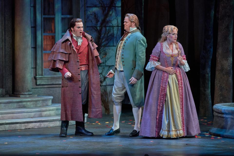 In Jules Massenet’s ‘Thérèse,’ Lisa Chavez, right, finds herself torn between her lover, Armand, sung by Andrew Surrena, left, and her devoted husband, André, played by Sean Anderson.