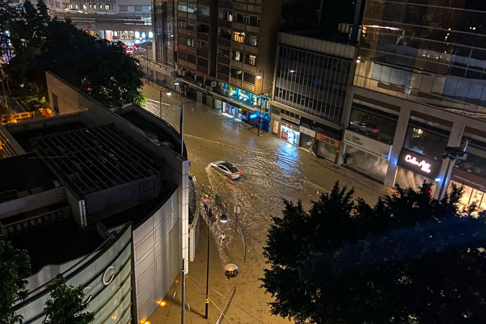 A general view of a flooded street after heavy rainstorms triggered a 'Black Rainstorm Warning' from the city's weather observatory.