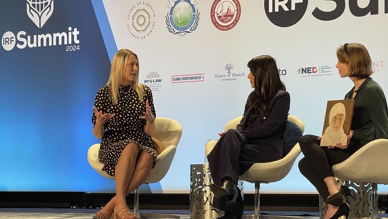 Angela Redding, executive director of the Radiant Foundation, moderates a panel discussion with actress and producer Marisol Nichols and artist Hannah Rose Thomas at the fourth annual IRF Summit on international religious freedom at the Washington Hilton in Washington, D.C., on Tuesday, Jan. 30, 2024.