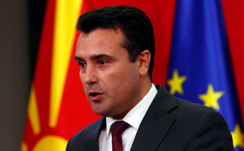 Macedonian PM Zaev addresses the press during a news conference in Skopje