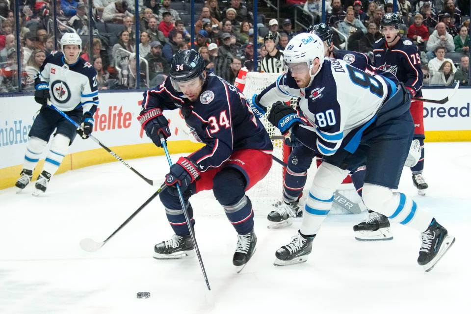 Blue Jackets center Cole Sillinger (34) suffered a concussion in camp that set him back during his second season in the NHL.