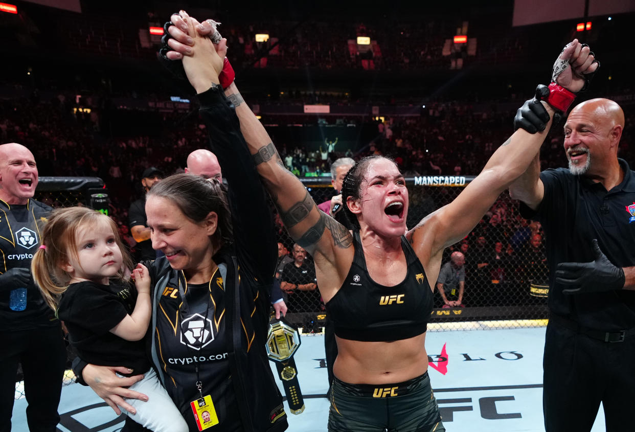 VANCOUVER, BRITISH COLUMBIA - JUNE 10:  Amanda Nunes of Brazil celebrates her victory over Irene Aldana of Mexico in their women's bantamweight title fight during the UFC 289 event at Rogers Arena on June 10, 2023 in Vancouver, Canada. (Photo by Jeff Bottari/Zuffa LLC)