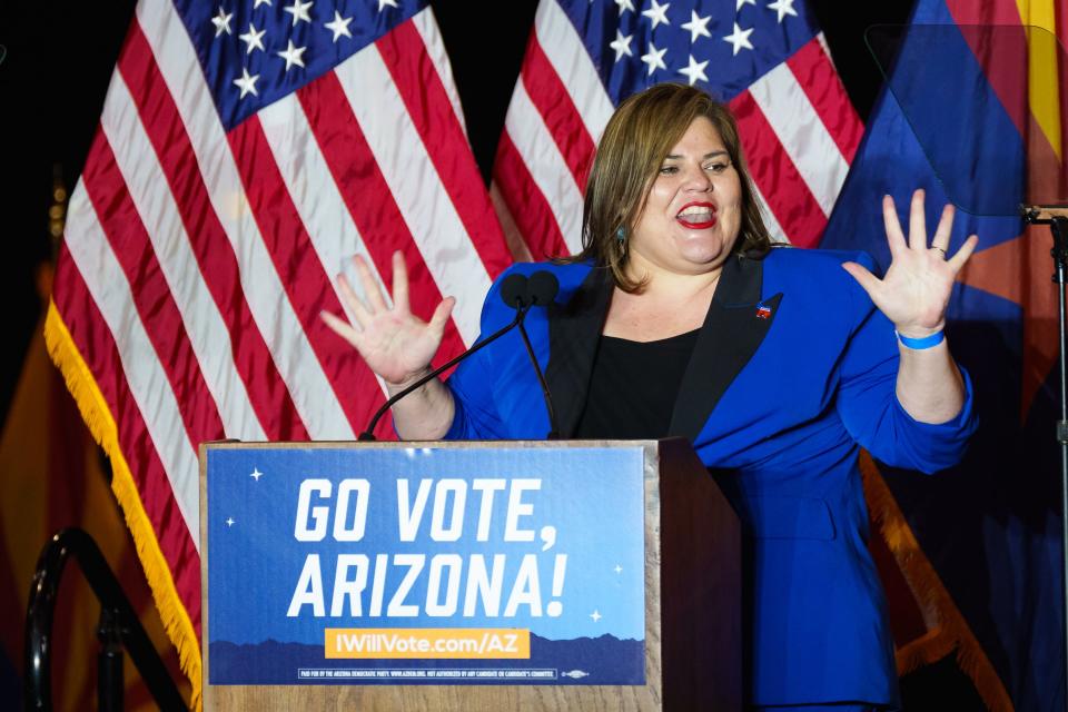 Arizona State Senator Raquel Terán, of Legislative District 26, speaks at a campaign rally at Cesar Chavez High School on Nov. 2, 2022, in Phoenix, AZ.
