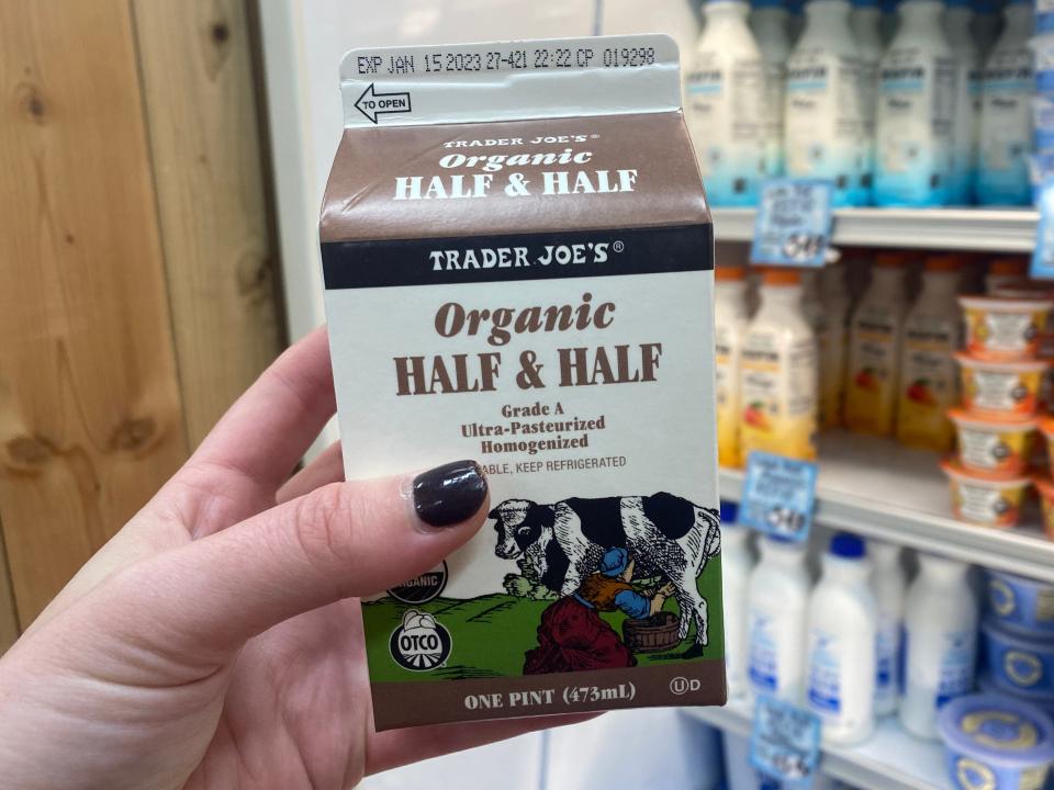 The writer holds Trader Joe's organic half and half