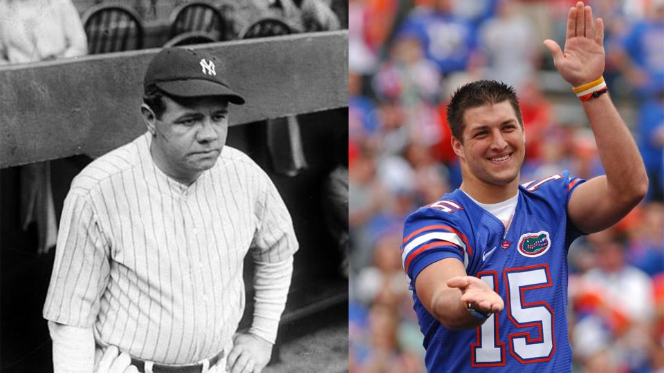 Babe Ruth (3) and Tim Tebow (15)