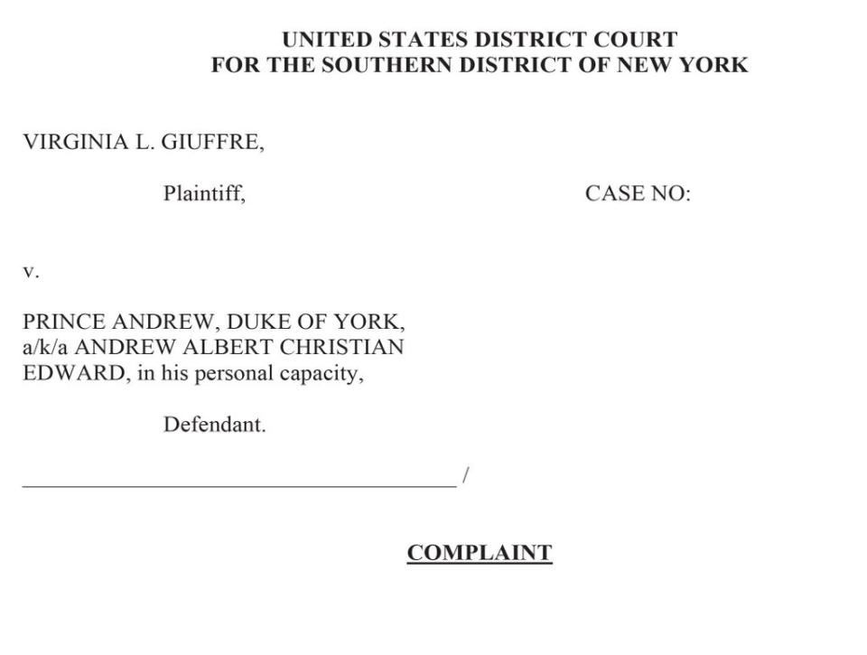 The cover of the legal action brought in the US by Jeffrey Epstein-accuser Virginia Giuffre against the Duke of York which says that it was “past the time for him to be held to account” for allegedly sexually assaulting her (PA Media) (PA Media)