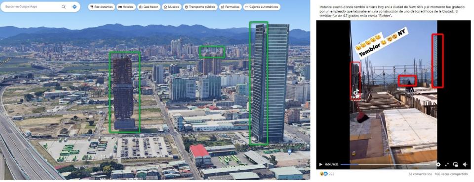 <span>Comparación entre capturas de pantalla de una búsqueda en Google Maps (I) y de una publicación en Facebook hecha el 17 de abril de 2024 </span>