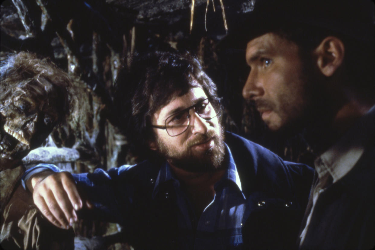 American actor Harrison Ford and director Steven Spielberg on the set of 