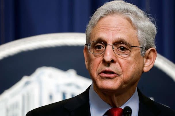 PHOTO: Attorney General Merrick Garland speaks at a news conference at the U.S. Department of Justice, May 02, 2023 in Washington, DC. (Anna Moneymaker/Getty Images)