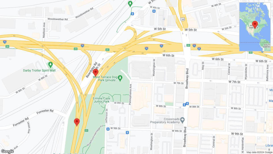 A detailed map that shows the affected road due to 'Kansas City: I-35 South closed' on July 22nd at 4:33 p.m.