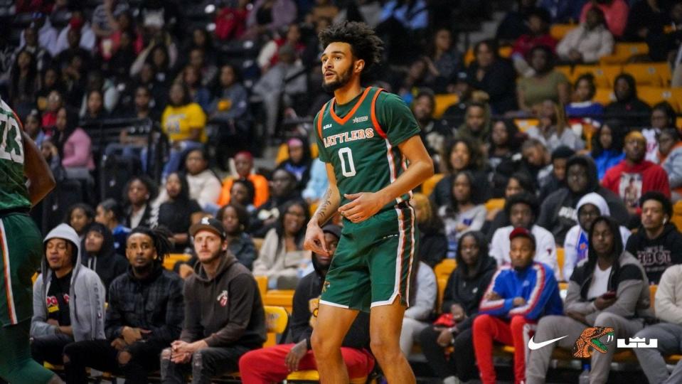 Florida A&M University men's basketball guard Dimingus Stevens looks on during a game against Grambling State at Fredrick C. Hobdy Assembly Center, Grambling, Louisiana, Monday, Jan. 9, 2023