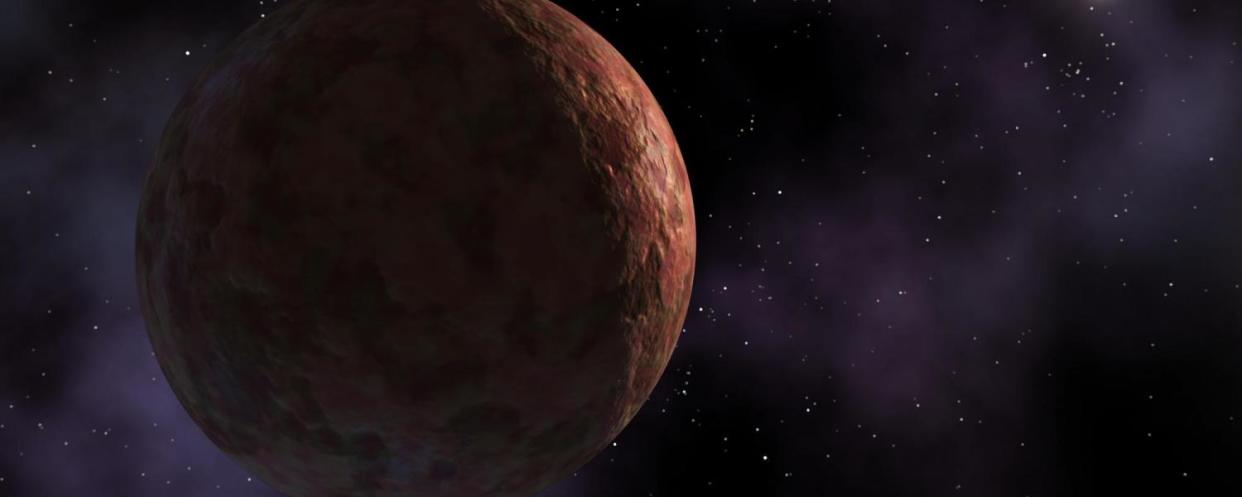 An artist’s image of Sedna, which may have been booted to its extremely distant orbit by a wandering star (Space.com)