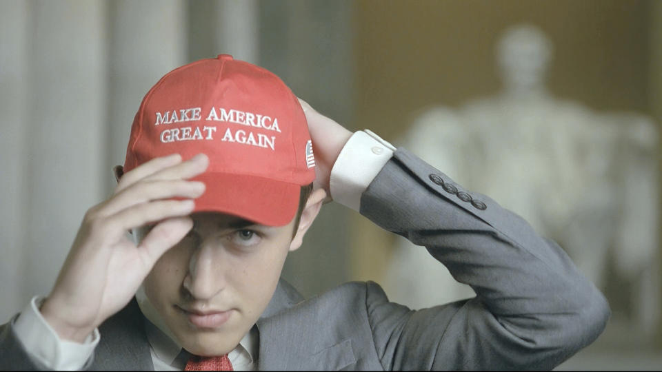 In this image from video, Nicholas Sandmann wears a 'Make America Great Again' hat as speaks from Washington, during the second night of the Republican National Convention on Tuesday, Aug. 25, 2020. (Courtesy of the Committee on Arrangements for the 2020 Republican National Committee via AP)