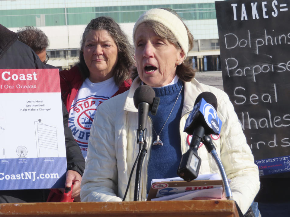 Cindy Zipf, executive director of the Clean Ocean Action environmental group, speaks at a press conference on the beach in Atlantic City, N.J., on Monday, Jan. 9, 2023, where a large dead whale was buried over the weekend. Several groups called for a federal investigation into the deaths of six whales that have washed ashore in New Jersey and New York over the past 33 days and whether the deaths were related to site preparation work for the offshore wind industry. (AP Photo/Wayne Parry)