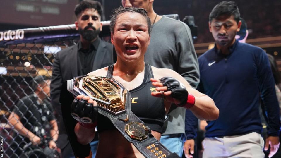Zhang Weili celebrates her win over Amanda Lemos in 2023
