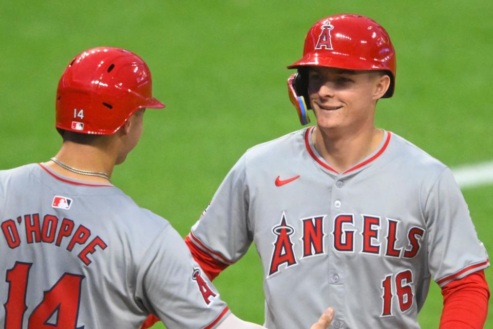 Angels center fielder Mickey Moniak (right) celebrates his two-run home run with catcher Logan O'Hoppe in the fourth inning against the Guardians, May 3, 2024, in Cleveland.