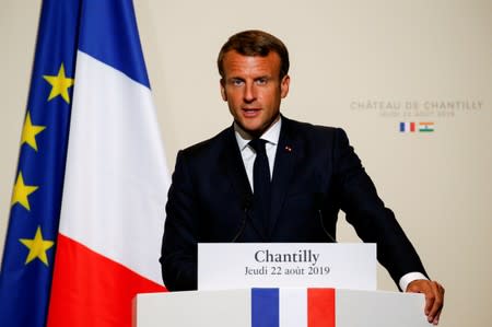 FILE PHOTO: French President Macron and Indian Prime Minister Modi meet at the Chateau of Chantilly, near Paris