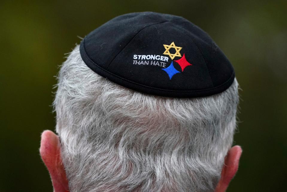 October 27, 2021:  Tree of Life Synagogue Vice President Alan Hausman wears a Stronger Than Hate yarmulke during a Commemoration Ceremony in Schenley Park, in Pittsburgh's Squirrel Hill neighborhood. It has been three years since a gunman killed 11 worshippers at the Tree of Life Synagogue, in America's deadliest antisemitic attack.