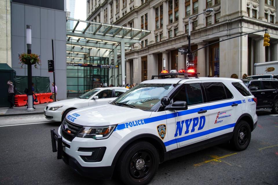 NYPD police vehicles respond near the scene of a suspicious package near the Fulton Street subway station in Lower Manhattan on August 16, 2019 in New York City. (Getty Images)