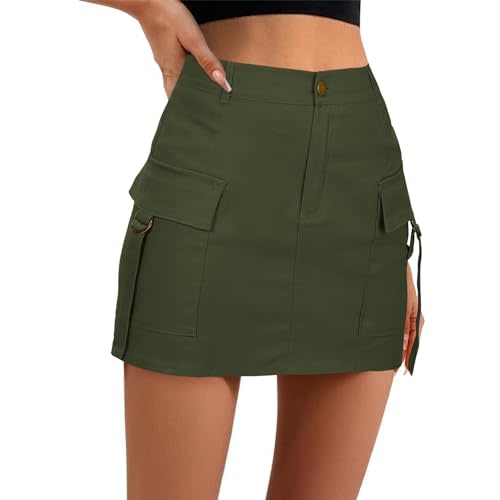 Cargo Skirts for Women Mini Skirt y2k Low Waist Skirts for Women Cargo Denim Skirt with Pockets Army Green L