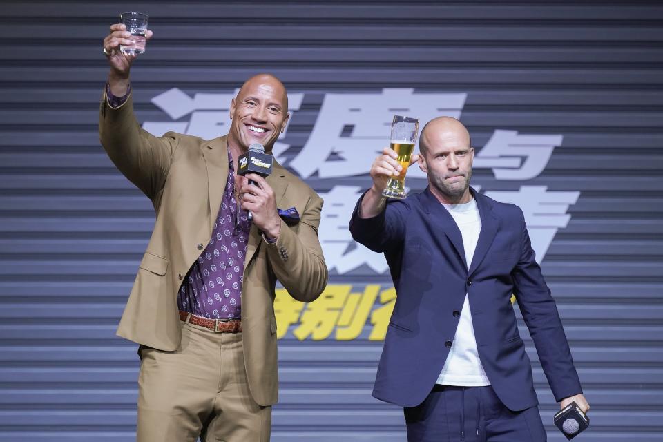 BEIJING, CHINA - AUGUST 05: Actors Jason Statham (R) and Dwayne Johnson attend the 'Fast & Furious: Hobbs & Shaw' press conference on August 5, 2019 in Beijing, China. (Photo by Visual China Group via Getty Images/Visual China Group via Getty Images)