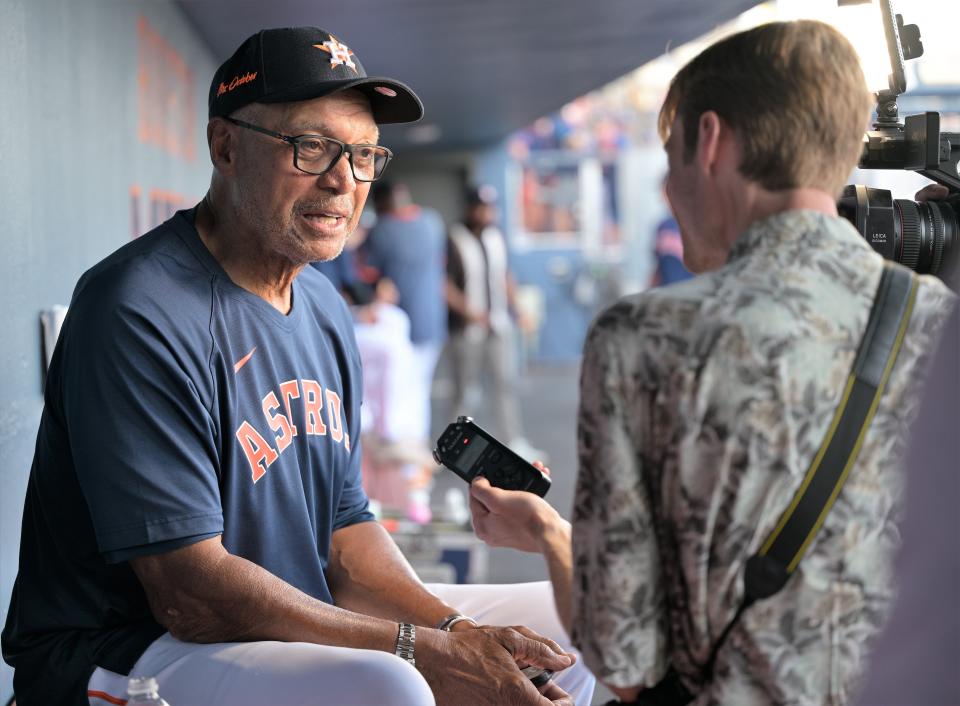 Reggie Jackson talks to reporters at Ballpark of the Palm Beaches prior to the park broadcasting the trailer for his upcoming documentary, "Reggie" on the jumbotron in front of a packed stadium on Mar 18, 2023.