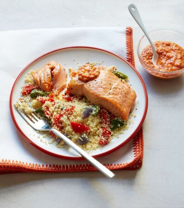 Broiled Salmon and Peppers with Romesco Sauce