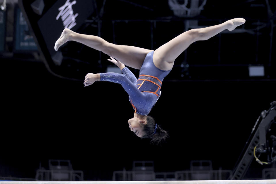 Suni Lee competes on the balance beam at the U.S. Gymnastics Championships, Friday, Aug. 25, 2023, in San Jose, Calif. (AP Photo/Jed Jacobsohn)