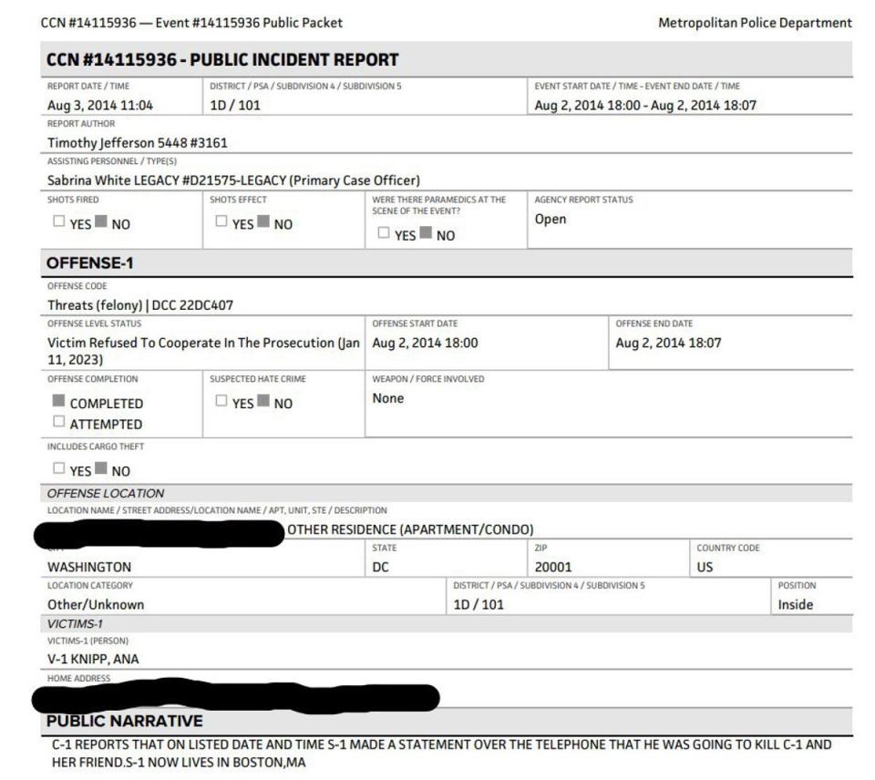 A police report from the Metropolitan Police Department in Washington DC shows Ana Walshe (nee Knipp) claimed her husband had threatened to kill her (5 Investigates)