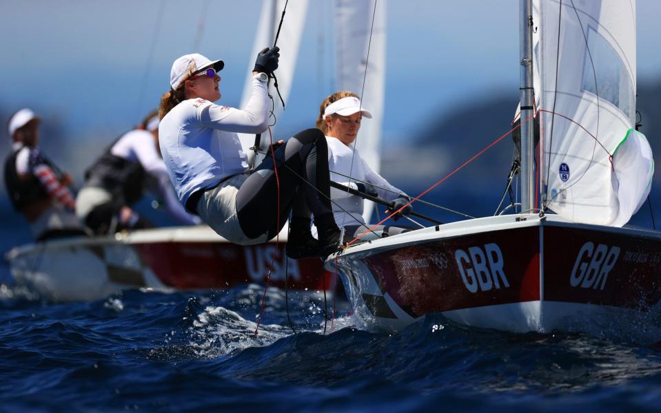 Hannah Mills with Eilidh McIntyre in the Women's 470 Class practice race in Tokyo. - GETTY IMAGES