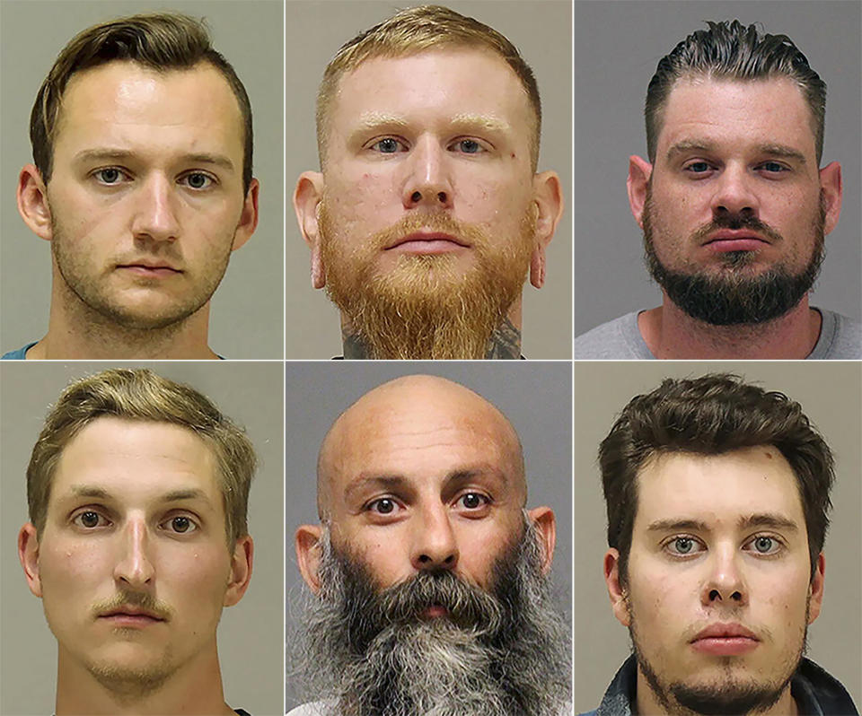 This photo combo shows from top left, Kaleb Franks, Brandon Caserta, Adam Dean Fox, and bottom left, Daniel Harris, Barry Croft, and Ty Garbin.   A federal grand jury has charged six men with conspiring to kidnap Michigan Gov. Gretchen Whitmer in what investigators say was a plot by anti-government extremists angry over her policies to prevent spread of the coronavirus.  / Credit: Kent County Sheriff via AP File