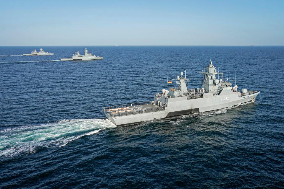 Three of the K130 <em>Braunschweig</em> class corvettes in the Baltic Sea, during an exercise in May 2023. They are: F262 <em>Erfurt</em>, F263 <em>Oldenburg</em>, and F264 <em>Ludwigshafen am Rhein</em>. <em>Bundeswehr/Nico Theska</em>