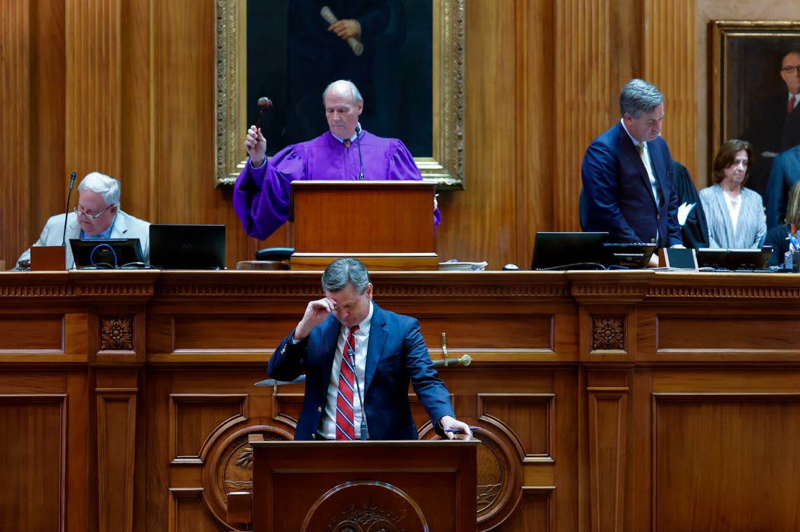 Sen. Tom Davis, R-Beaufort pauses as vote is tallied on an amendment during debate on the ban on abortion in the South Carolina Senate chamber on Thursday Sept. 08, 2022.