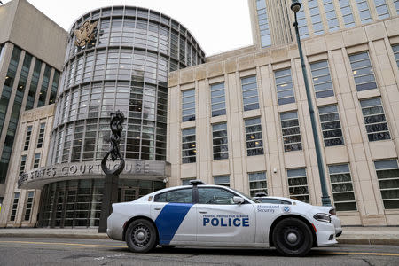 Federal Protective Service Police, a division of Homeland Security, park outside the Brooklyn Federal Courthouse during the trial of Joaquin Guzman, the Mexican drug lord known as "El Chapo," in the Brooklyn borough of New York, U.S., February 11, 2019. REUTERS/Brendan McDermid