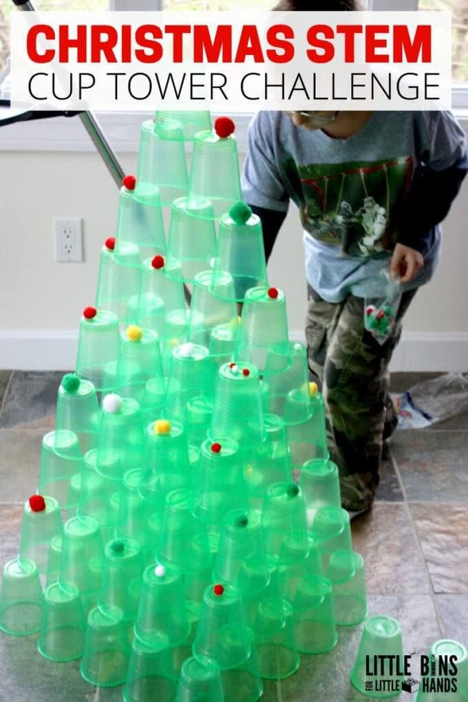 <p>Grab some green plastic cups and pom poms for a crafty game that comes together in seconds. Challenge players to stack the cups high enough to look like a Christmas tree without knocking over the whole thing. The most towering fir wins the day. Save the cups to use again later, for a "green" game. </p><p><em><a href="http://littlebinsforlittlehands.com/christmas-cup-tower-stem-challenge-tree/" rel="nofollow noopener" target="_blank" data-ylk="slk:Get the tutorial at Little Bins for Little Hands »;elm:context_link;itc:0;sec:content-canvas" class="link ">Get the tutorial at Little Bins for Little Hands »</a></em><br></p>